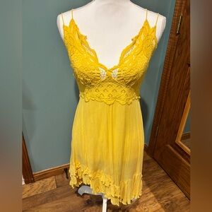 Free People Yellow Lace Chemise Dress Medium